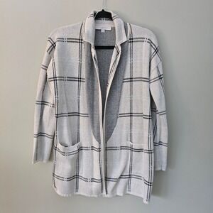 LOFT Womens Ivory Black Windowpane Plaid Open Front Cotton Cardigan Sweater S